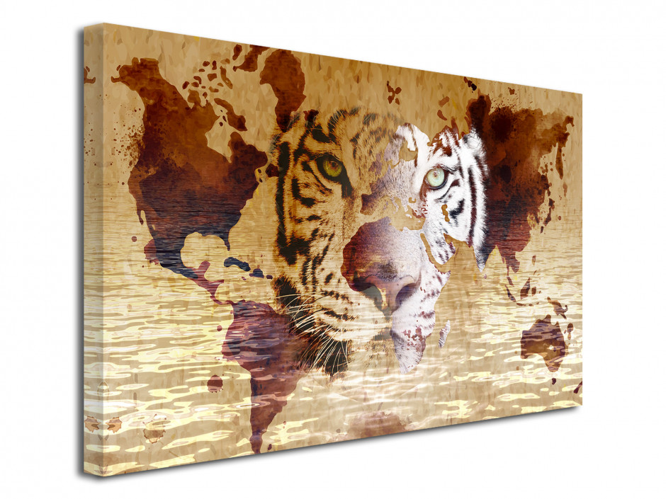 Tableau toile deco tête de Lion et Carte du monde