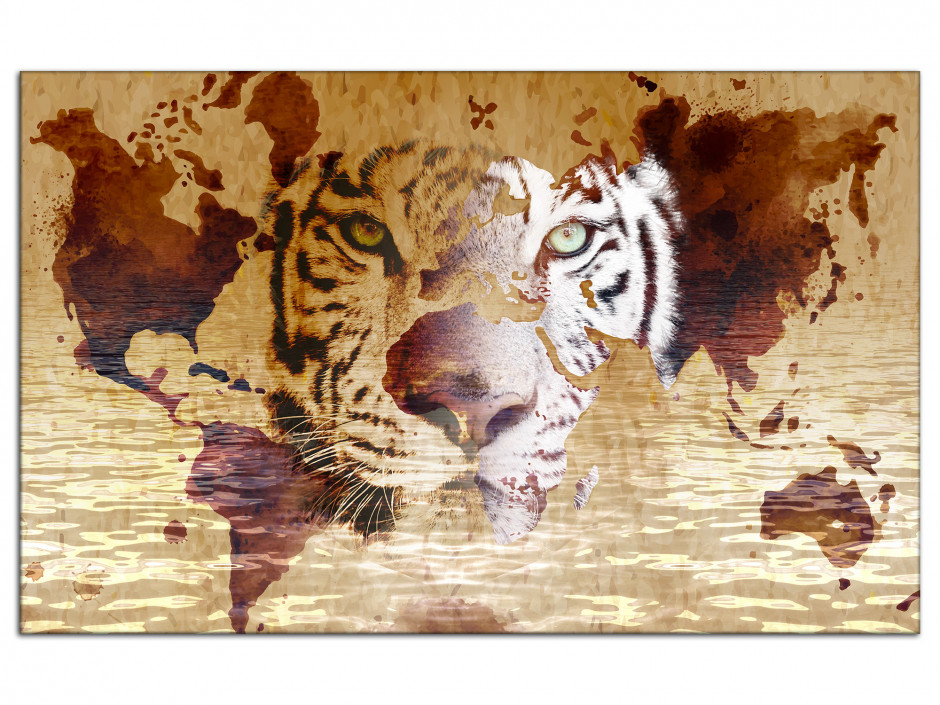 Tableau toile deco tête de Lion et Carte du monde