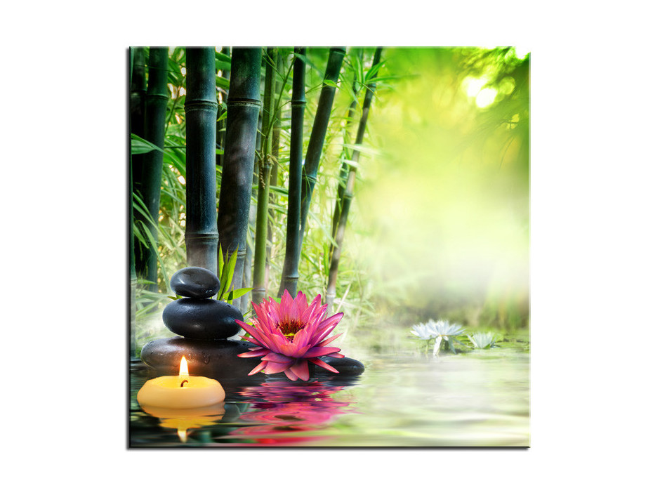 Tableau Aluminium zen bougie et galet sur forêt de bambou