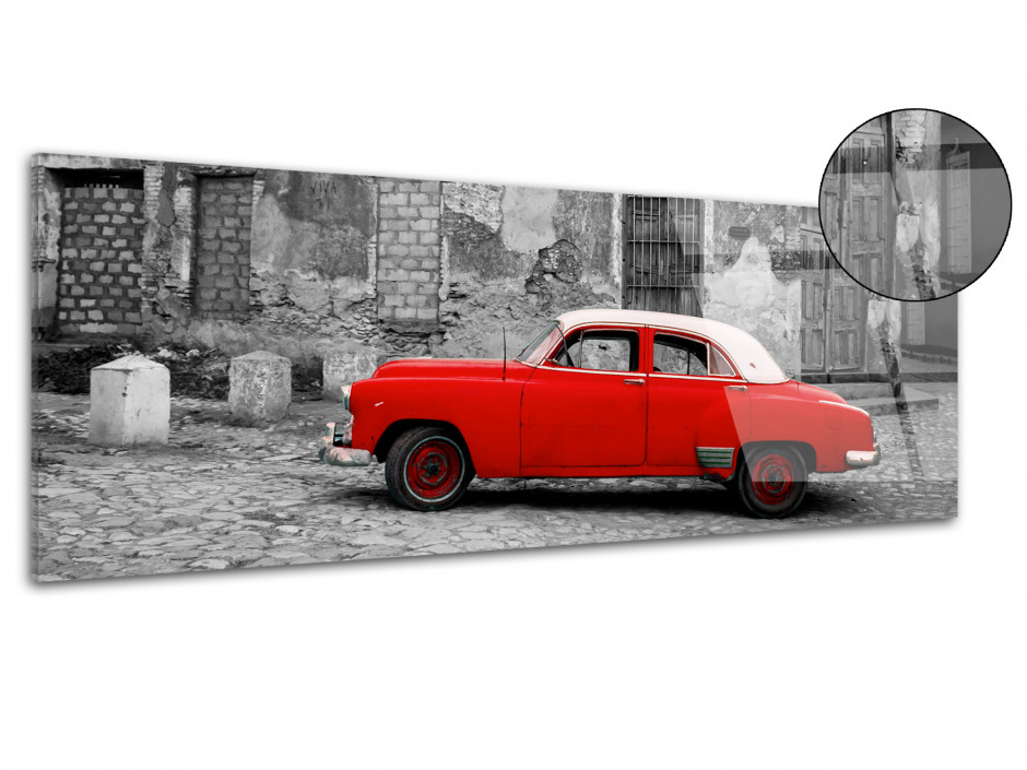 Tableau plexiglas déco urbaine VOITURE ROUGE ANCIENNE