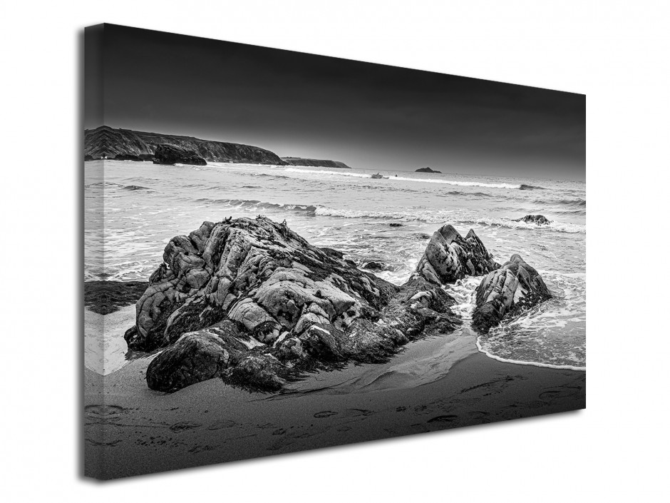 Tableau toile photo plage et rocher en noir et blanc