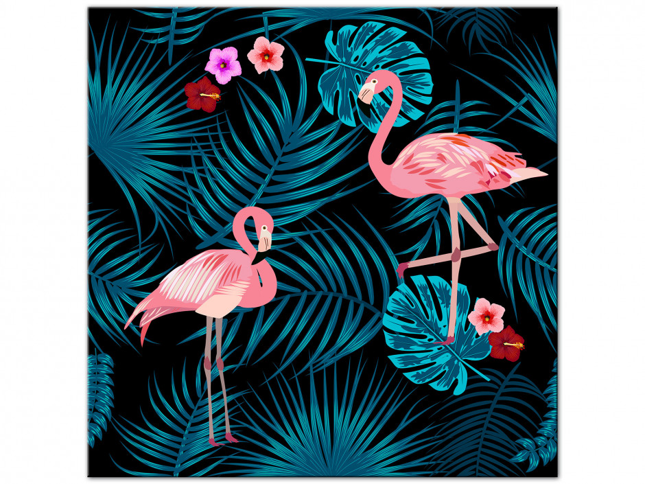 Tableau déco Aluminium vintage Flamant rose et Fleurs