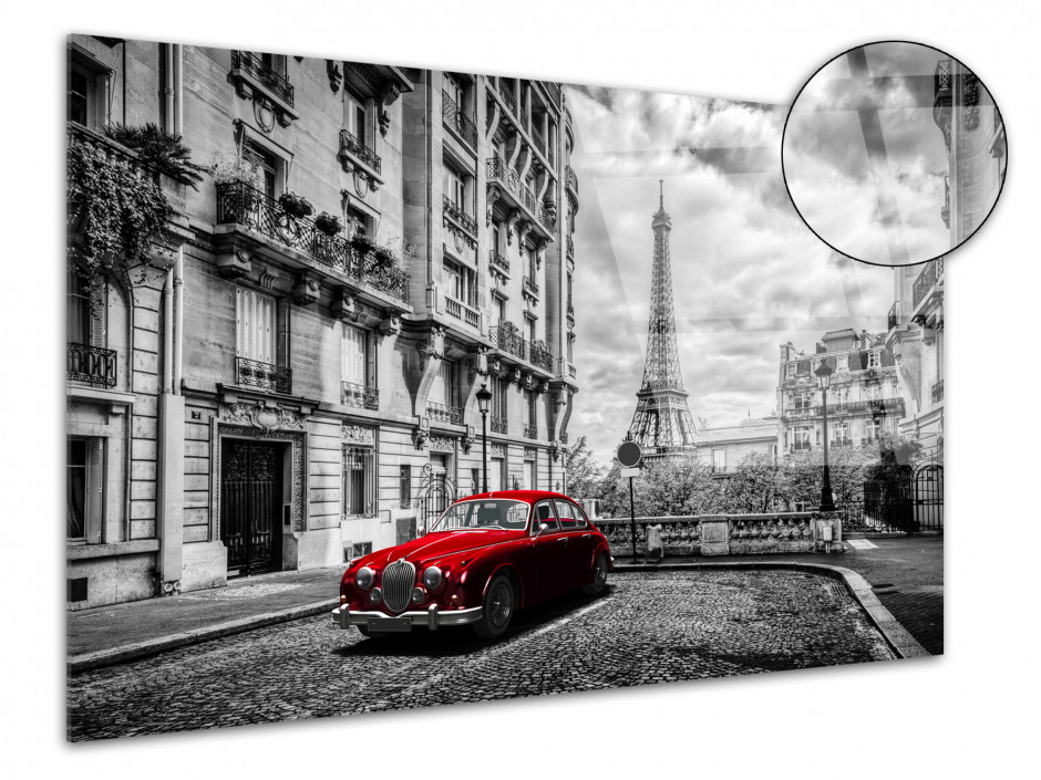 Tableau plexiglas déco Paris noir et blanc et vieille voiture