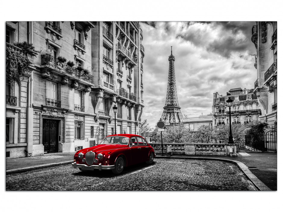Tableau plexiglas déco Paris noir et blanc et vieille voiture