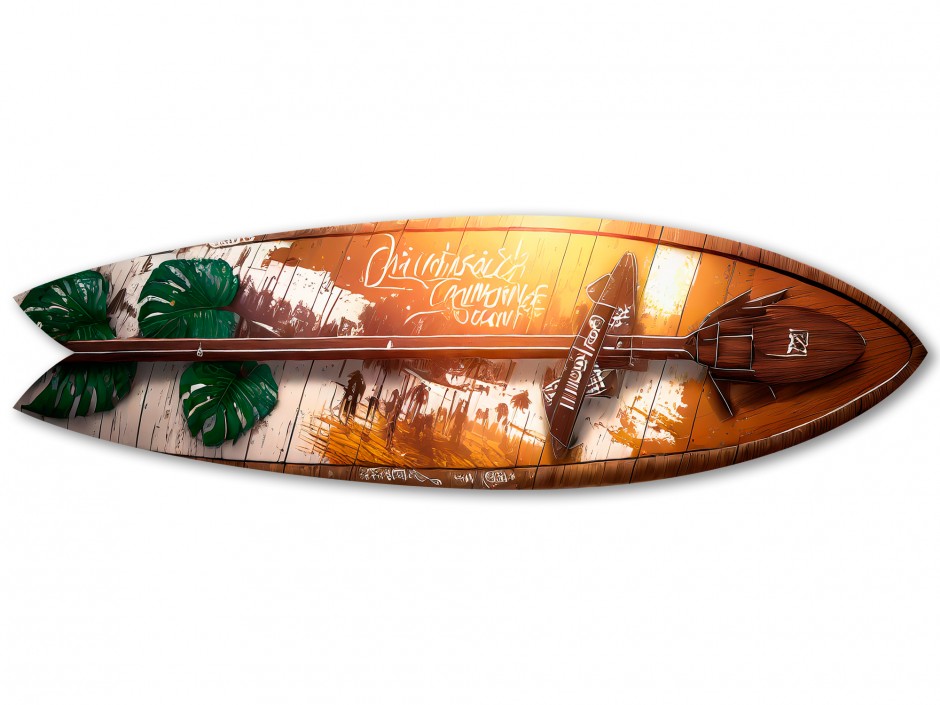 Planche de surf art déco fond bois