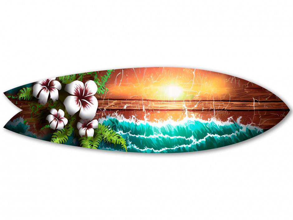 Planche de surf décorative vague et fleurs Hawaienne