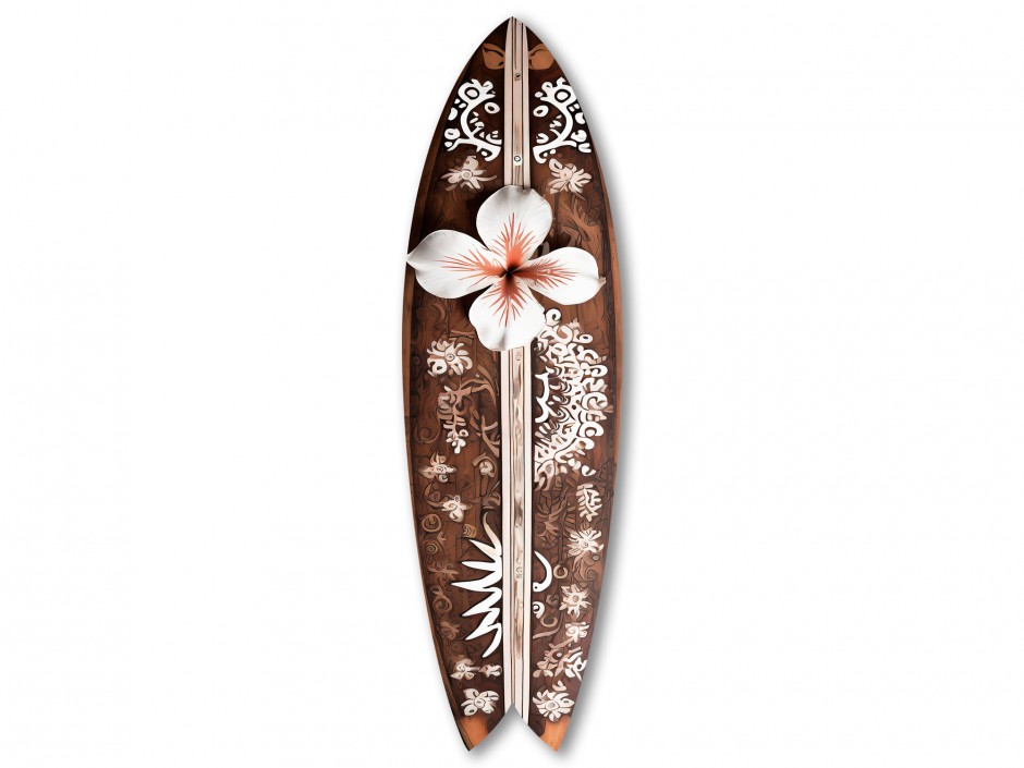 Planche de surf déco bois et fleurs exotiques