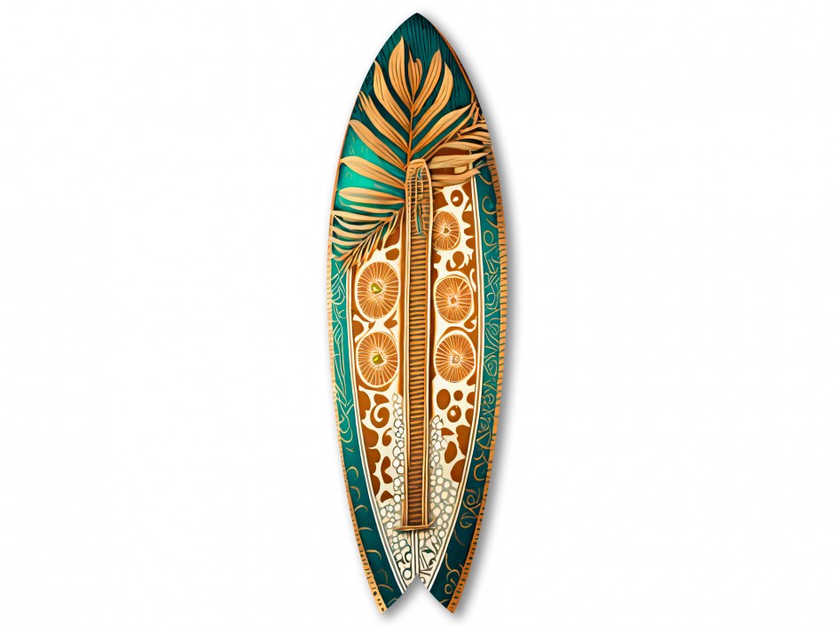 Planche de surf décorative ornements et feuilles dorées