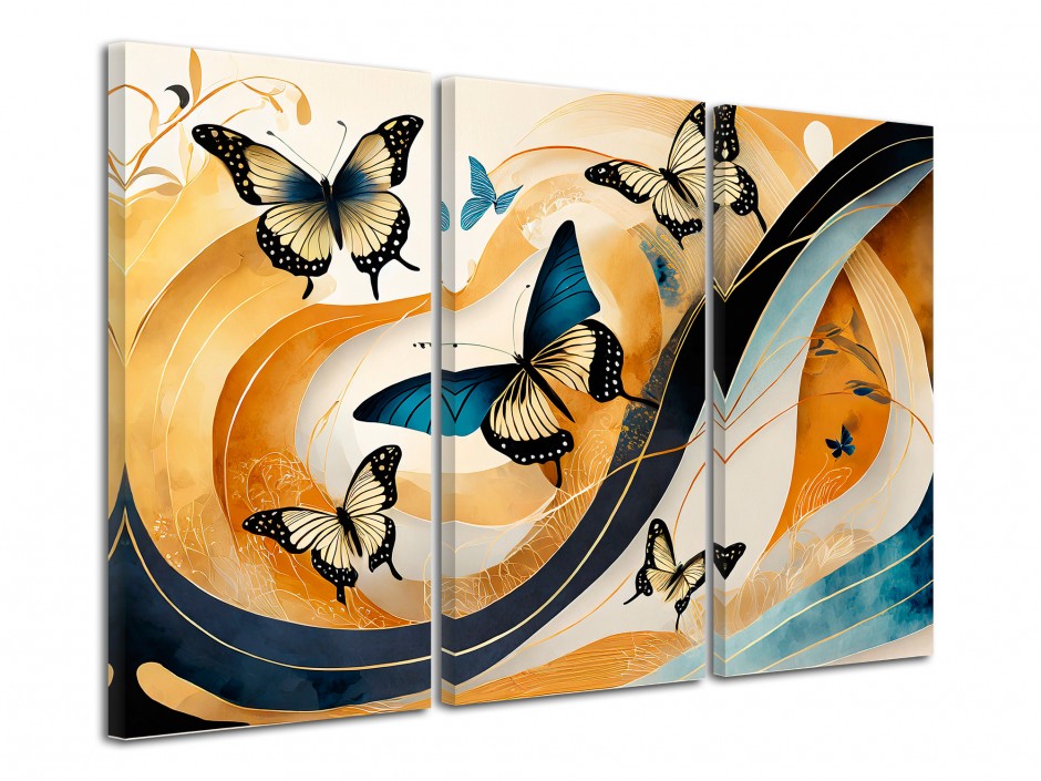 Tableau toile triptyque Papillons et fond Abstrait