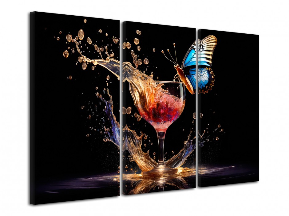 Tableau toile triptyque Verre cocktail et papillon