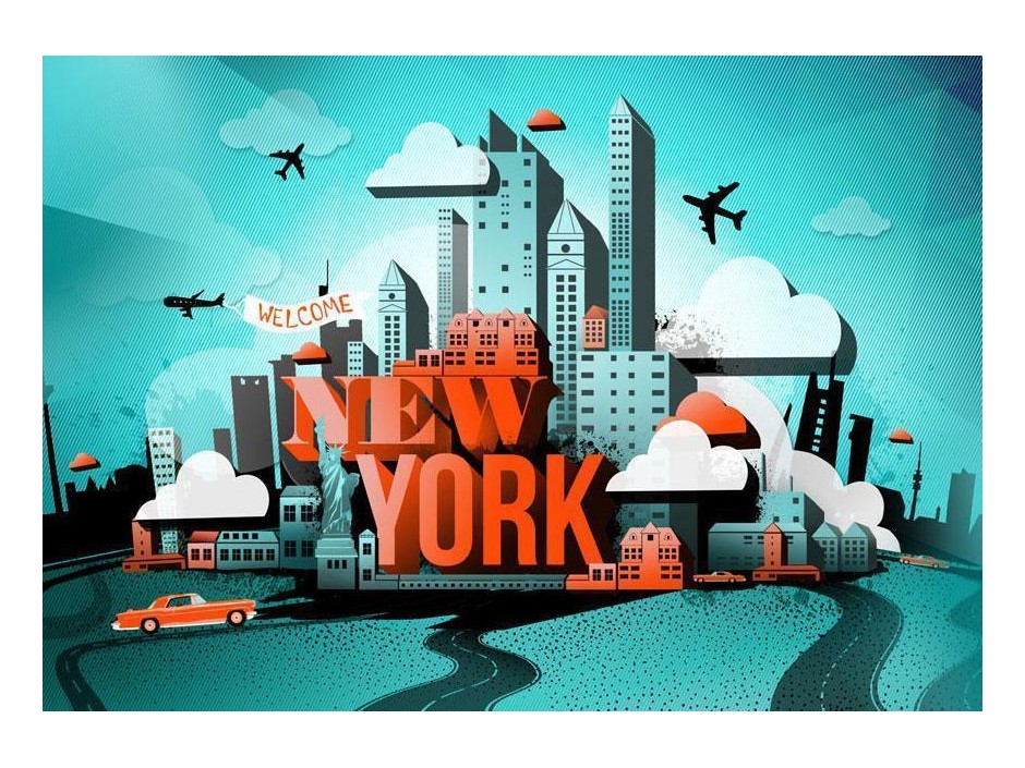 Papier peint - Street Art - Red New York Text with Skyscraper and Car Motif