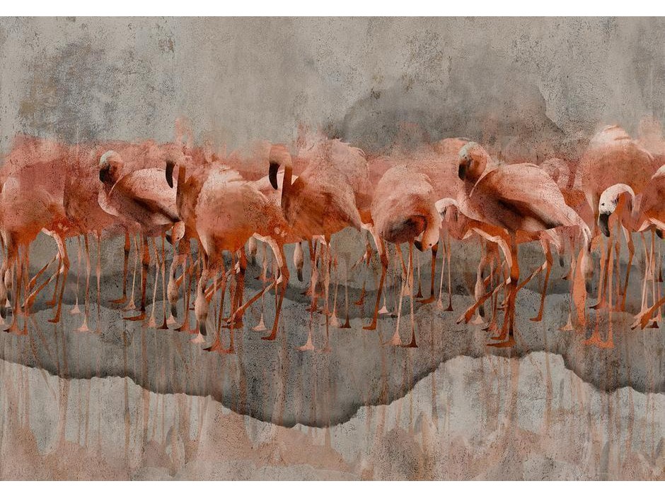 Papier peint - Exotic birds - pink flamingos with shadow on grey concrete background