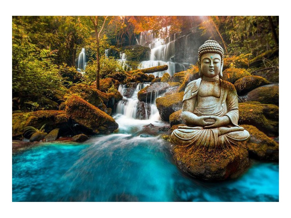 Papier peint - Orient - landscape with Buddha sculpture on a background of a waterfall and exotic forest