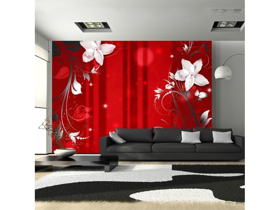 Papier peint - Abstract in red - white flower motif with patterns and sparkles