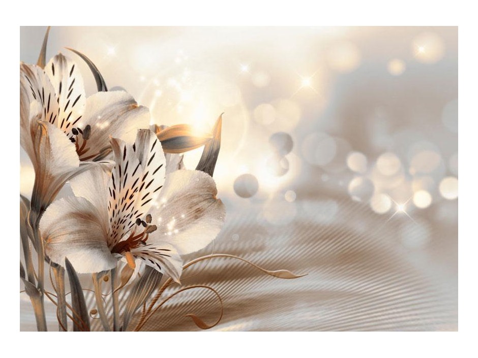 Papier peint - Creamy motif - lily flowers in morning glow on striped background