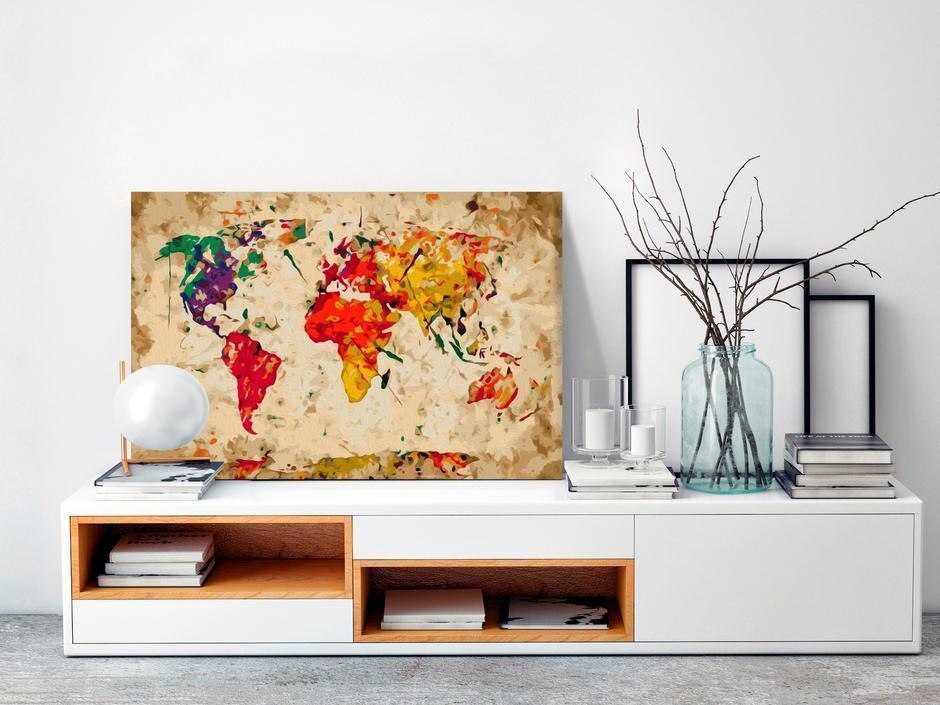 Tableau à peindre par soi-même - Carte du monde (taches colorée)