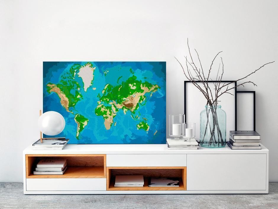 Tableau à peindre par soi-même - Carte du monde (bleue-verte)