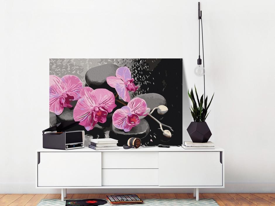 Tableau à peindre par soi-même - Orchidée et pierres zen (fond noir)