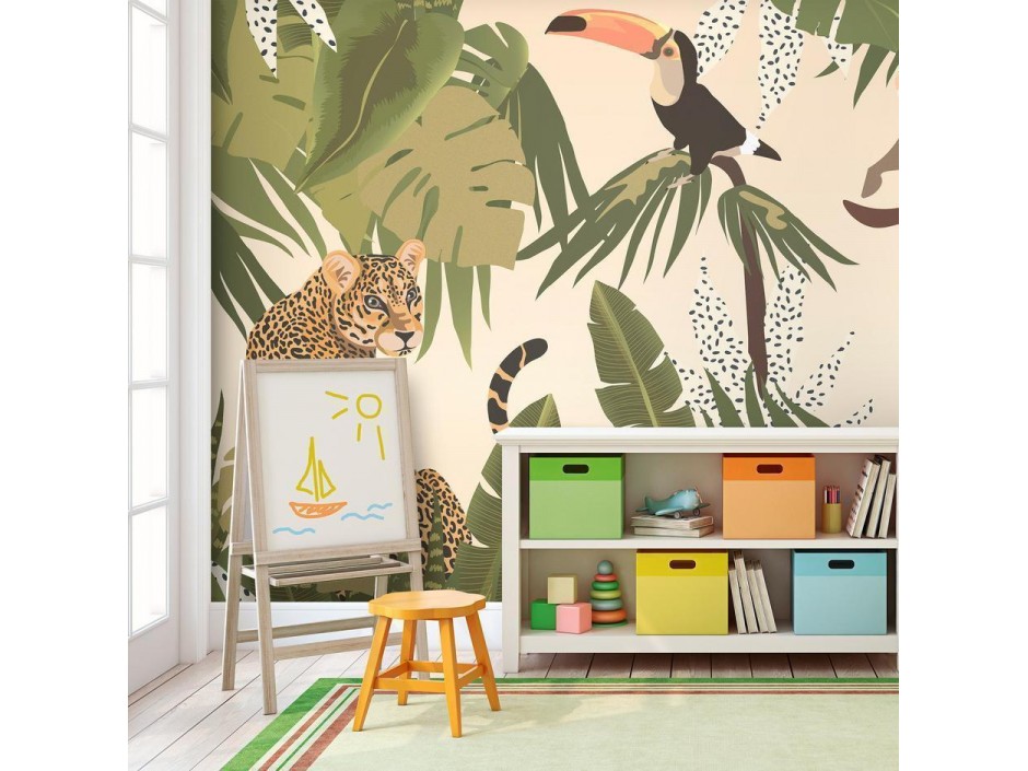 Papier peint - Leaves and Shapes - Jungle in Faded Colours With Animals
