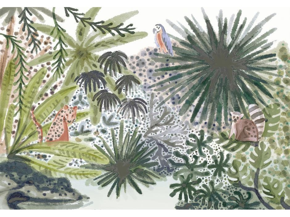 Papier peint - Flora of Madagascar - Tropical Landscape With Watercolour Animals