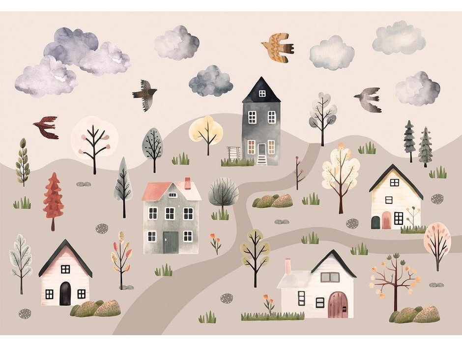 Papier peint - Scandinavian Valley - Village in Pastel Colours Painted in Watercolours