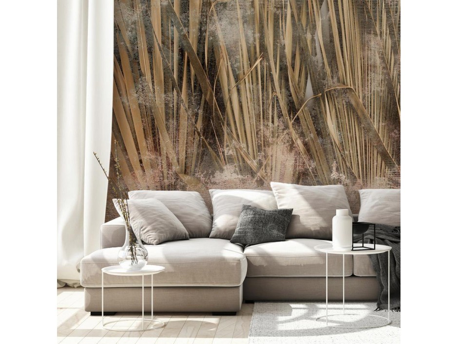 Papier peint - Dry leaves - landscape of tall grasses in boho style with paint patterns