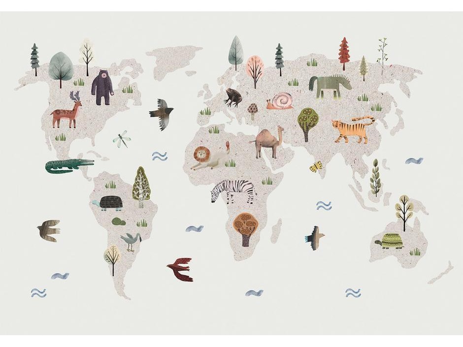 Papier peint - Beige World - Continents With Animals in Muted Colours