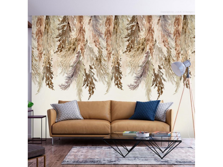 Papier peint - Minimalist boho landscape - dangling leaves in beige colours