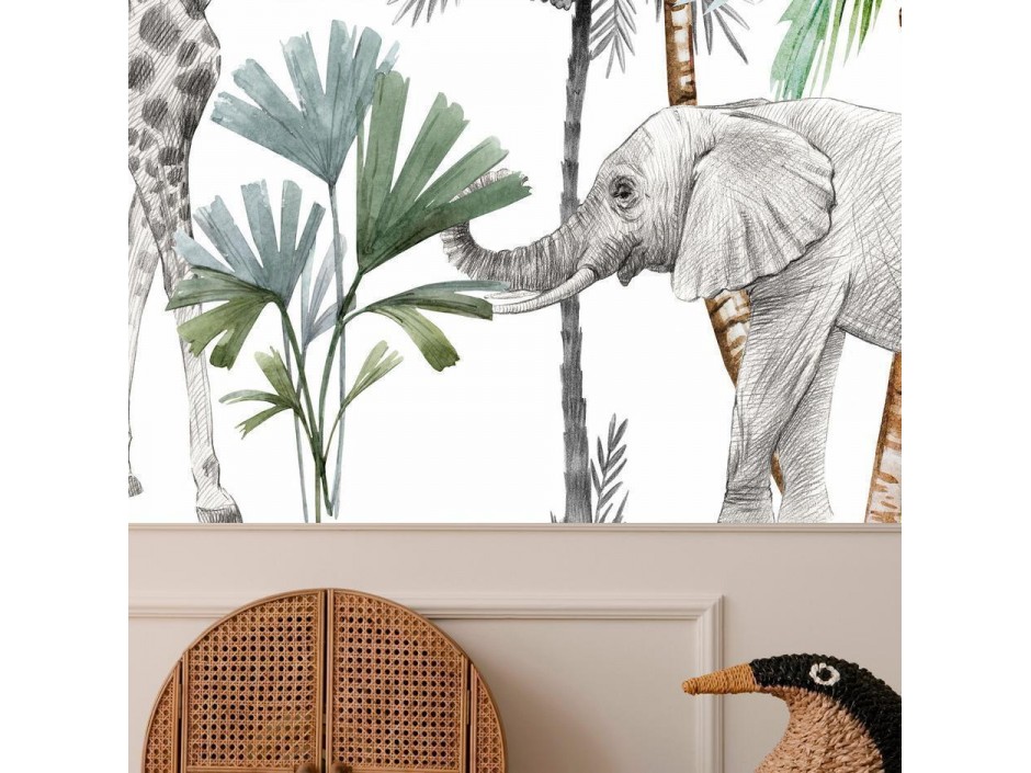Papier peint - Jungle Animals Wallpaper for Childrens Room in Cartoon Style