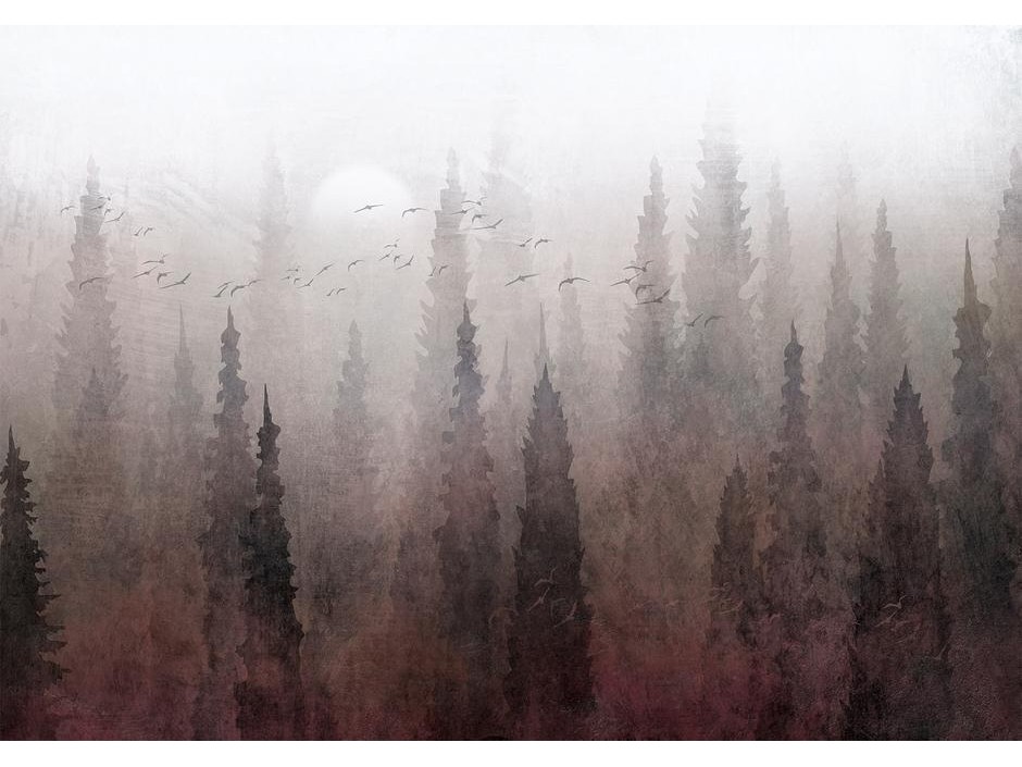 Papier peint - Birds flight over treetops - landscape of a dark forest in fog