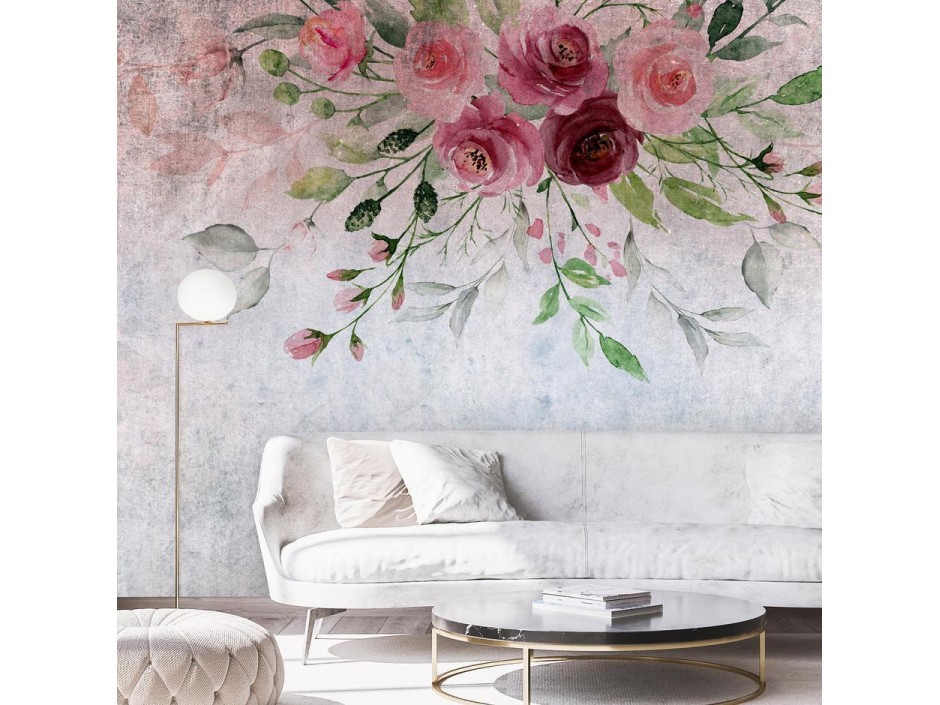 Papier peint - Summer bloom - plant motif with flowers and leaves in pink tones