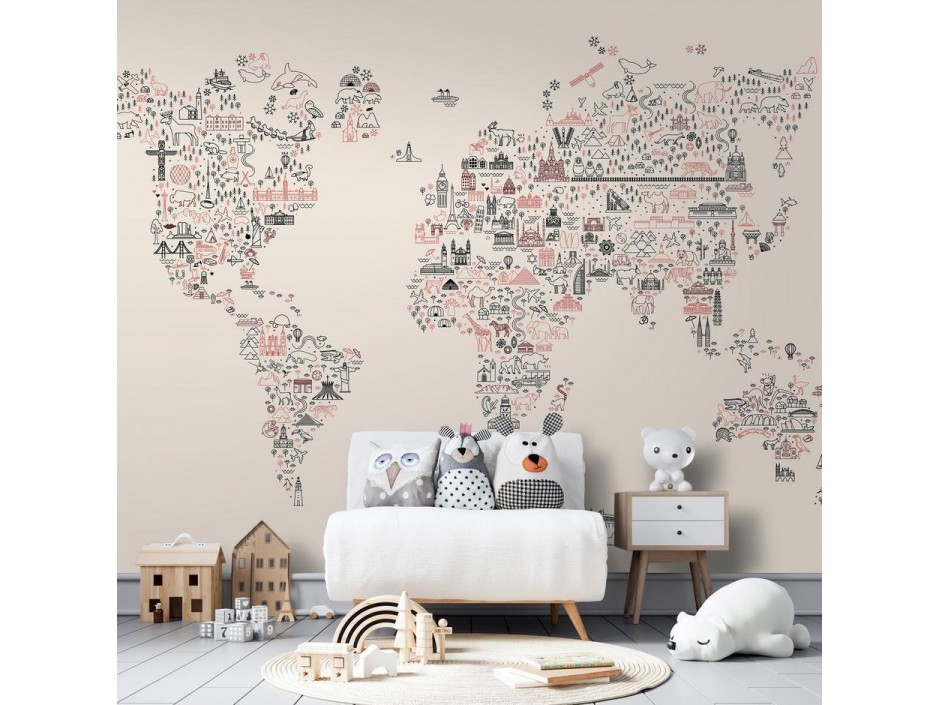 Papier peint - Map With Icons - Cartoon Representation of the World in Pastel Colours