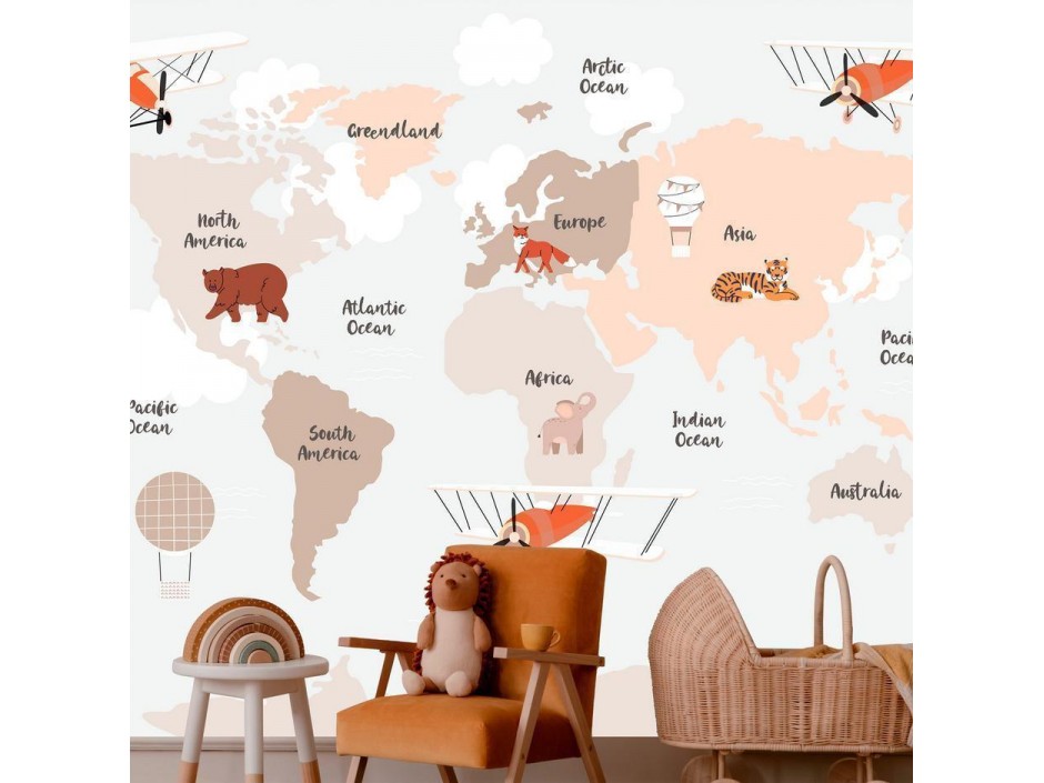 Papier peint - World Map in Beige Tones for Childrens Room