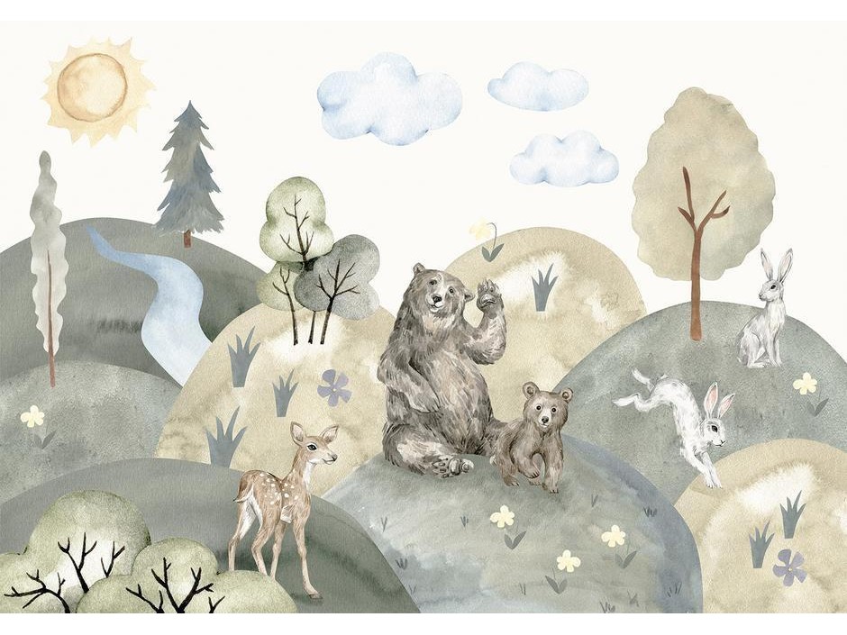 Papier peint - Green Hills - a Valley With Animals Painted in Watercolours