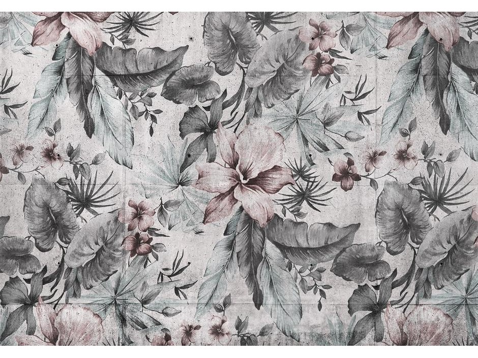 Papier peint - Nature in retro style - landscape with leaves and flowers in grey tones