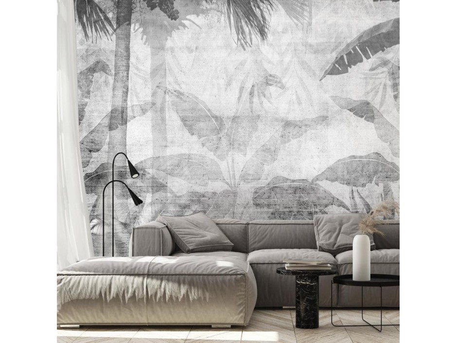 Papier peint - Vanishing jungle - landscape of exotic trees and leaves in grey tones