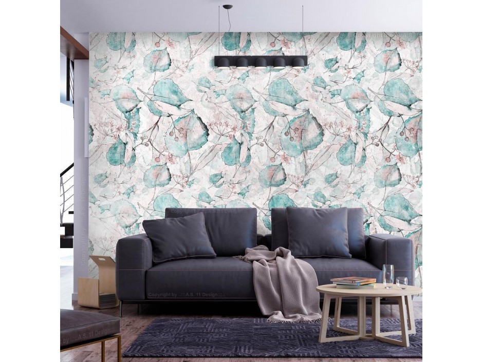 Papier peint - Autumn souvenirs - floral pattern with turquoise leaves