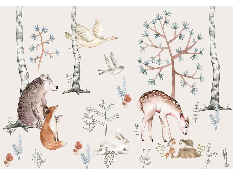 Papier peint - Forest Land With Animals Painted in Watercolours