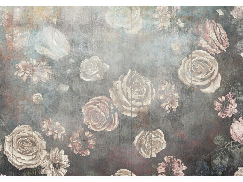 Papier peint - Misty nature - muted rose flowers on a background in grey tones