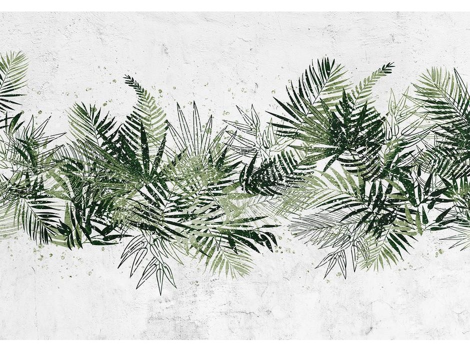 Papier peint - Jungle and green plume - large tropical leaves on a white background