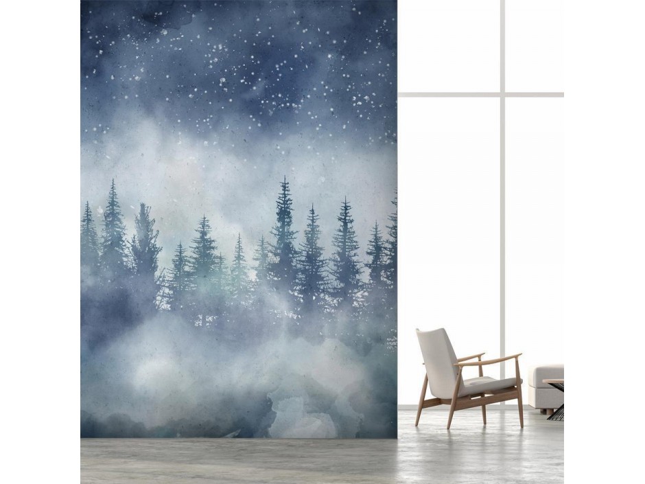 Papier peint - Night landscape - landscape of a misty forest at night with a starry sky