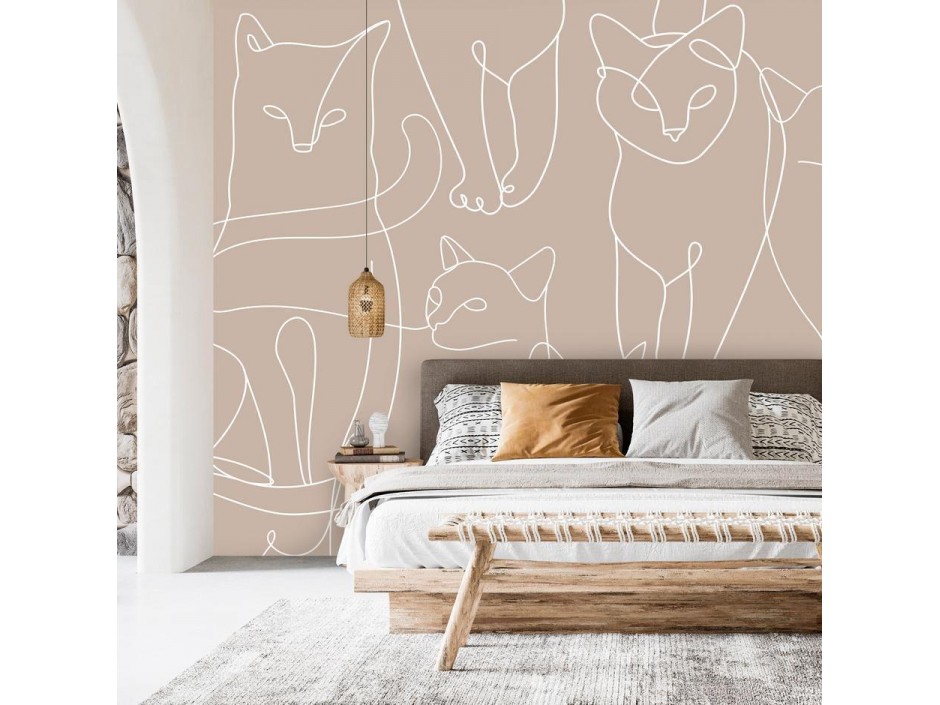 Papier peint - Cat lineart - minimalist sketches of white cats on beige background