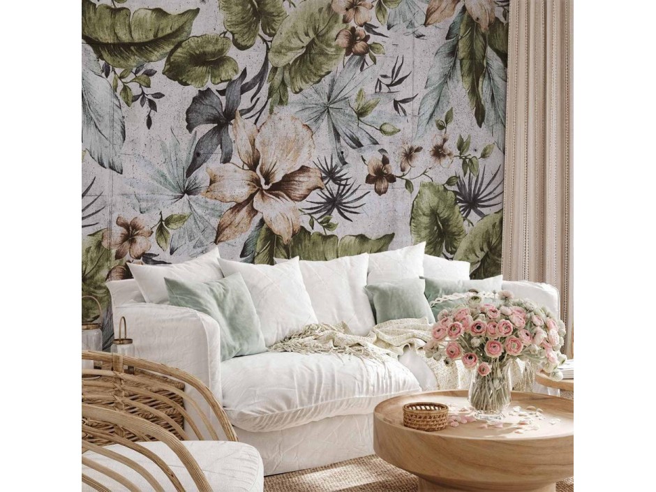 Papier peint - Nature in retro style - jungle landscape with pale leaves and flowers