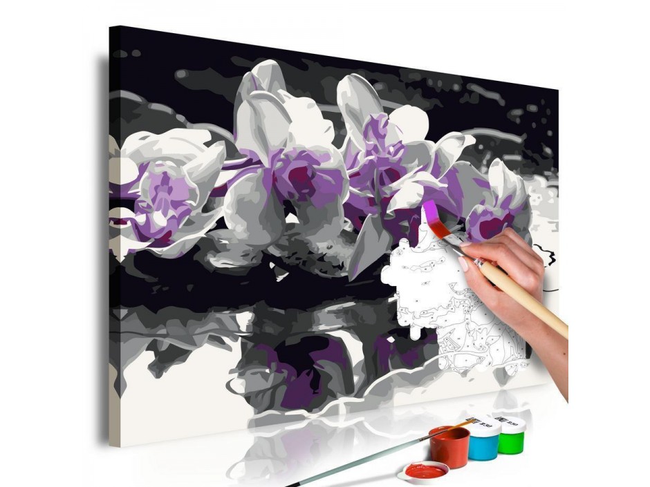 Tableau à peindre par soi-même - Orchidée violette (fond noir et reflet dans l'eau)