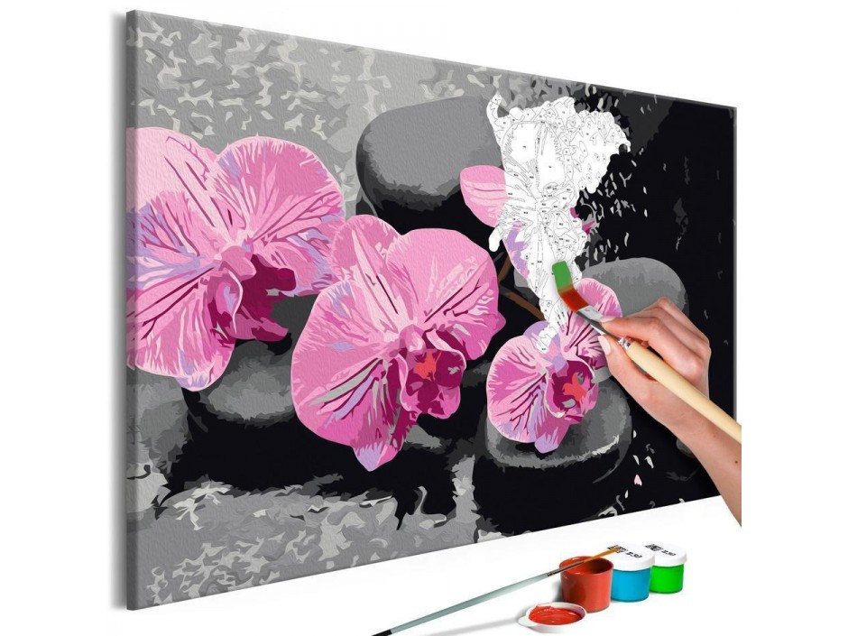 Tableau à peindre par soi-même - Orchidée et pierres zen (fond noir)