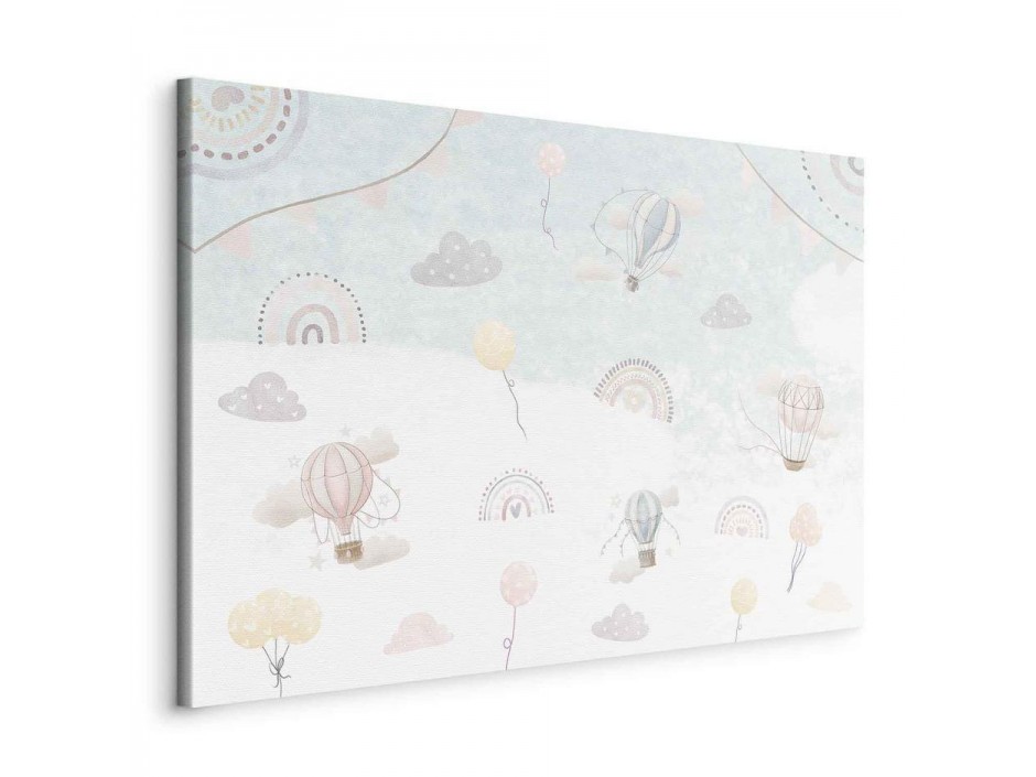 Tableau - Sky with Balloons - Balloons in Subdued Colors Flying in the Sky Among Clouds Rainbows and Stars