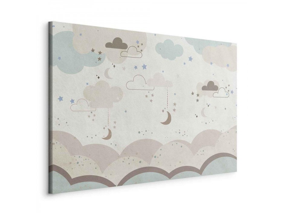 Tableau - Cloudy Night Sky - Moons in Brown and Beige Hues Among Clouds and Numerous Little Stars on a Light Background