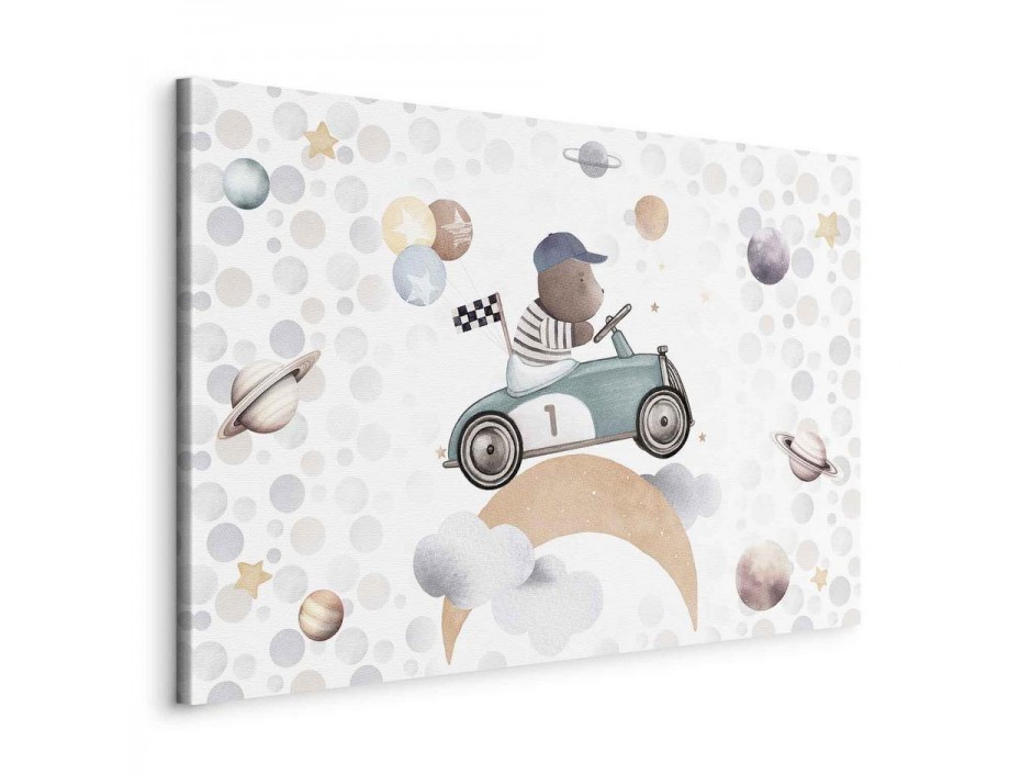 Tableau - Galactic Races - A Bear Participating in Car Races Among Planets Clouds and Stars in Pastel Hues