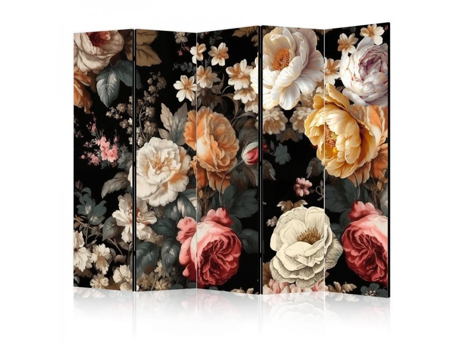 Paravent - Floristry in Vintage Style - a Plethora of Colorful Flowers on a Black Background