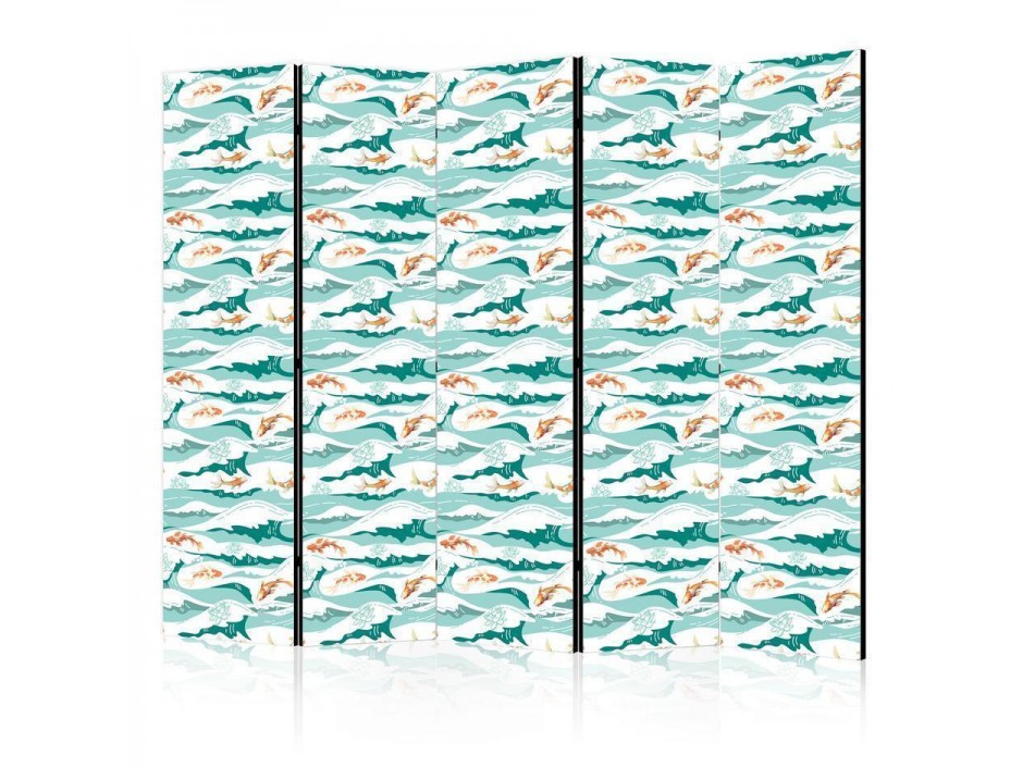 Paravent - Fish Jumping Above The Waves - Oriental Fish And Water Lilies Among High Waves in Shades of Sea Green